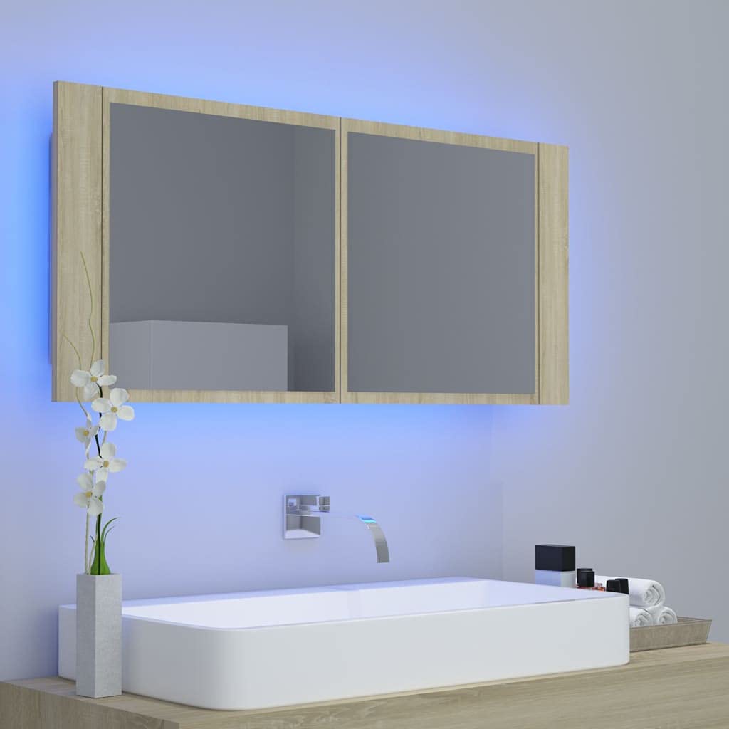 Szafka łazienkowa LED z lustrem dąb sonoma 100 x 12 x 45 cm akryl, szafki i przechowywanie, szafka pod umywalkę, szafki łazienkowe
