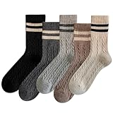 IIG 5 Pairs Women's Vintage Style Thick Wool Warm Winter Crew Socks (Cozy striped 03-5 Pairs)