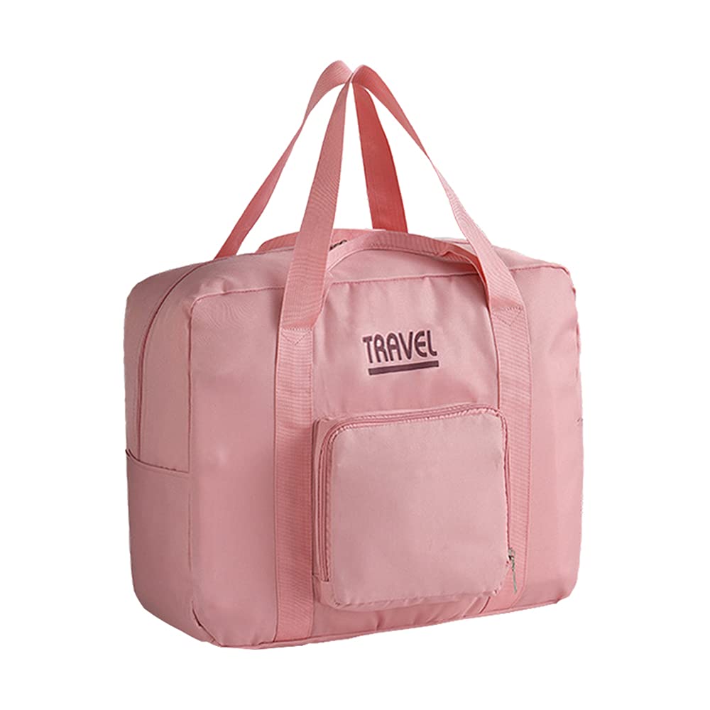 FatiyaFoldable Duffle Bag for Travel, Overnight Carry-on Tote Duffel in Trolley Handle, Waterproof Weekender Bag, Personal Item Travel Bag 18 x 14 x 8 Inches (Pink)