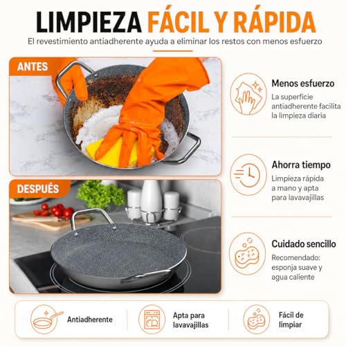 Miniatura 6 de Tehorneo Paellera Induccion, Paellera 30 Cm Antiadherente De Aluminio 3-4 Raciones, Paella Induccion, Paella 30 Cm Compatible Con Inducción, Vitrocerámica, Gas Y Electrica, Paelleras Vitroceramica