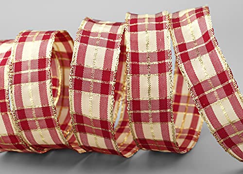 finemark 20 m x 25 mm chequered Christmas ribbon, burgundy, cream, gold (124) with lurex wire edge, decorative, gift, tartan - Image 4