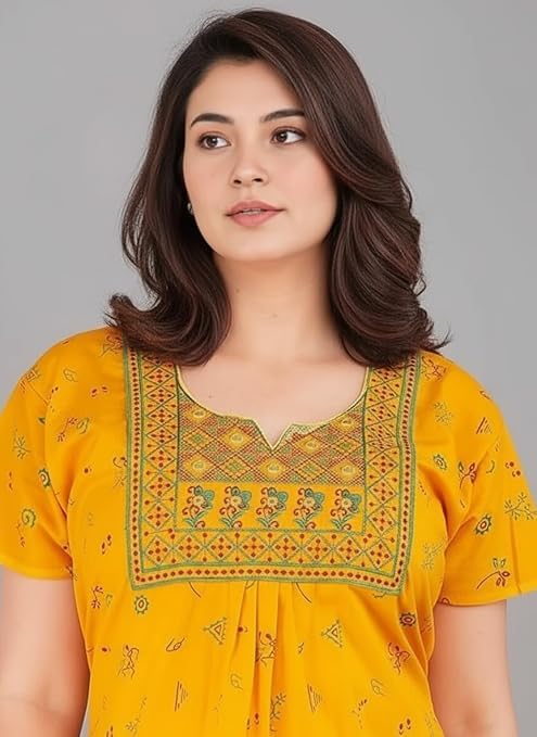 Image of OFEEFAN Women's Cotton Embroidered Jaipuri Nighty Gown - Pack of 2 Rajasthani Print Maxi Night Dress with Pocket - Soft & Comfortable Ladies Sleepwear & Loungewear