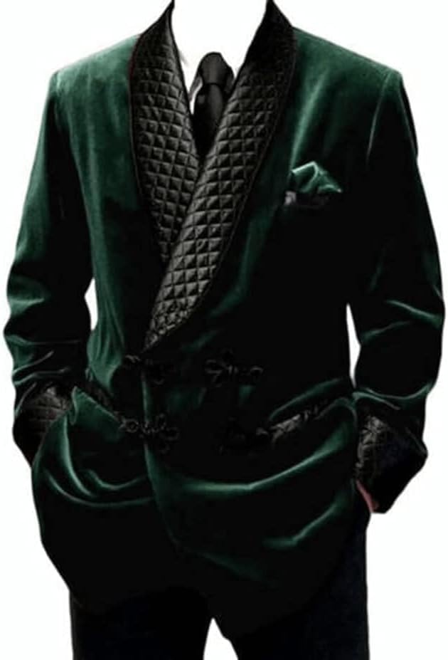 Men Double Breasted Dinner Quilted Gentlemen Green Velvet Smoking Jacket for Men