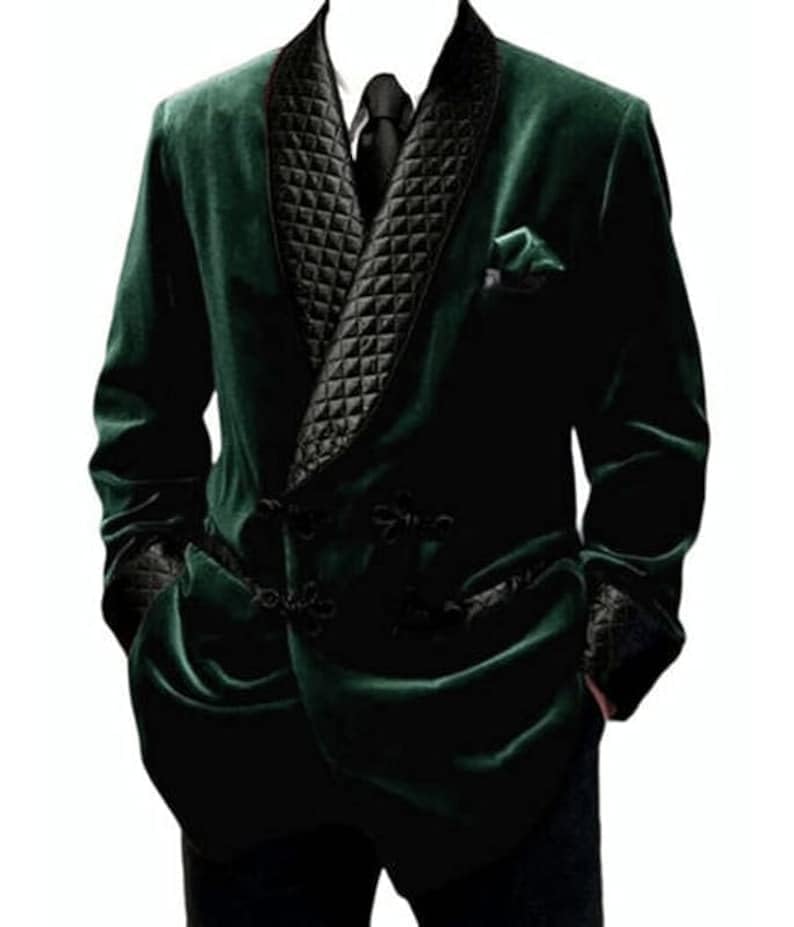 Men Double Breasted Dinner Quilted Gentlemen Green Velvet Smoking Jacket for Men