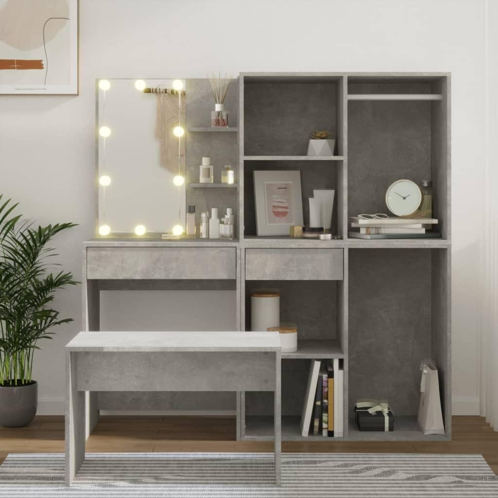 SQMGFA Dressing Table Set with LED Concrete Grey Engineered Wood,Item