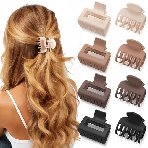 Oeusnael 8 Pcs Medium Hair Clips for Women Girls - 2 Styles Rectangle and Double Row Teeth Small Claw Clips for Thin Fine Thick Hair, Matte Non-slip Strong Hold Jaw Clips Hair Accessories, Neutral