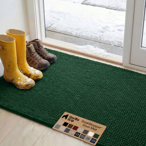 Image of GORILLA GRIP SoakSTOPPER Dog Door Mat, 48x30 Machine Washable Rug Absorbent Doormat Captures Moisture Mud Dirt, Quick Dry Soft Chenille Entryway Rugs Indoor Entrance Mats for Dog Paws, Deep Green