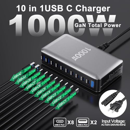 Image of 1000W USB C Charger Block,10-Port USB C Charging Station GaN IV Travel Essentials Multiple Port Charging Station,140W Laptop Fast Charger Adapter for Mac Book Pro /Air,DE /LL,1Pad,1Phone, (YMX-1000W)