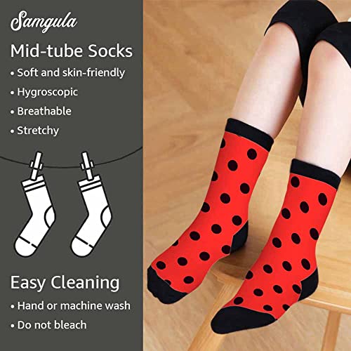 Image of Red Striped Crew Socks for Woman Size 6-8 Christmas Tree Moose Snowflake Dots Lines Girls Socks