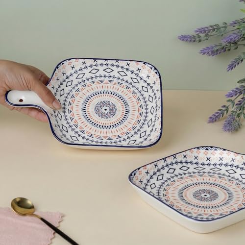 Image of The Earth Store Mandala Ceramic Platter with Handle for Serving Set of 2 | Microwave & Dishwasher Safe Serving Platters for Snacks, Dessert, Starter, Fruits, Salad, Sweets & Appetizers