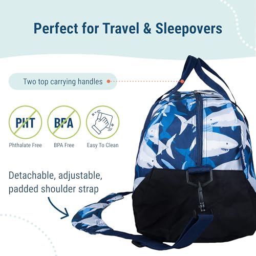 Image of Wildkin Kids Overnighter Duffel Bag - Carry-On Size, Ideal for School & Sleepovers - Sharks