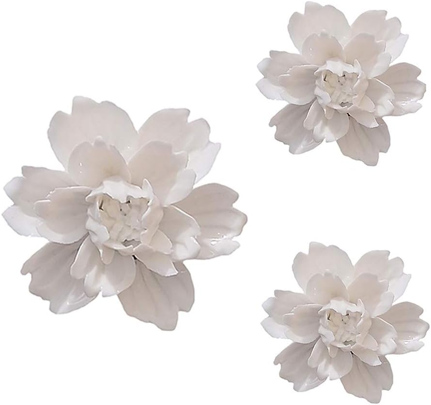 YKLL 3 Pack White Peony Handmade 3D Ceramic Flower Wall
