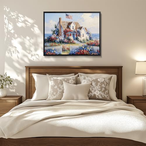Image of American Flag Framed Canvas Wall Art, 4th of July Floral Canvas Prints, Summer Cottage Landscape Patriotic Decorations, Vintage Independence Day Wall Decor for Bedroom Living Room Office 20x24