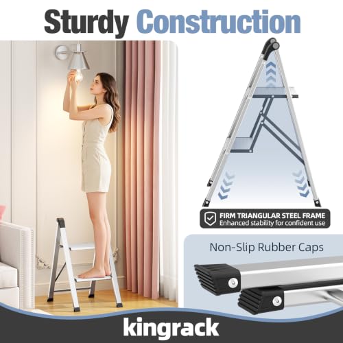 KINGRACK Aluminum Step Ladder, 2 Step Ladder Folding Design, Step Stool Foldable with Safe Grip, Non-Slip Handrails, Safety Lock, Heavy Duty 330LBS for Home, Kitchen, Garage, RV, Silver by KINGRACK - Image 5