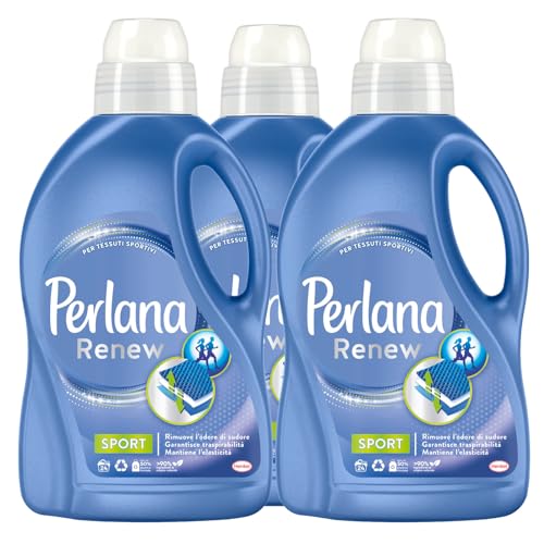 Perlana Renew Sport Flüssigwaschmittel für Wäsche und Waschmaschine, aktive Pflege, beseitigt schlechte Gerüche für technische Kleidung, Sportstoffe, 24 Waschgänge, 3 Flaschen à 1,44 l