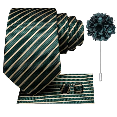 Image of Hi-Tie Mens Paisley Floral Striped Ties Set Silk Necktie and Lapel Pin for Men Pocket Square Cufflinks Set Business Wedding