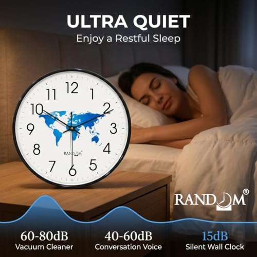 Image of RANDOM Black Plastic World Map Print Sweep Silent Round Battery Operated Analog Wall Clock for Home Office, Living Room, 32 cm