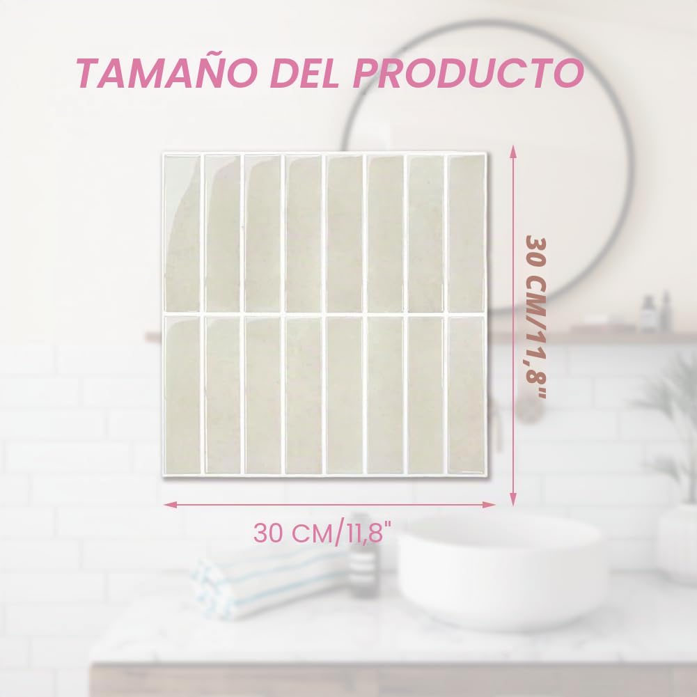 Baldosas Adhesivas Pared, Vinilo Azulejos Adhesivos Cocina Baño Metro, Beige 3D Pegatinas Paneles Decorativas Pared Peel Stick Tiles, Rectángulo Metro Baldosa de Pared (10 Piezas, 30.5 x 30.5 cm)
