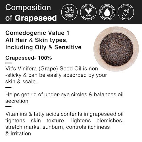 Image of Soulflower Grapeseed Oil for Hair Growth, Acne, Pimple, Face Massage, Glowing, Radiant Skin 100% Pure, Natural & Cold Pressed Ecocert Cosmos Organic Certified, 30ml