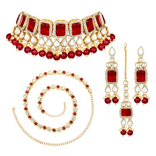 Image of Peora Crystal Faux Pearl Kundan Necklace & Jewellery Set Gift for Women