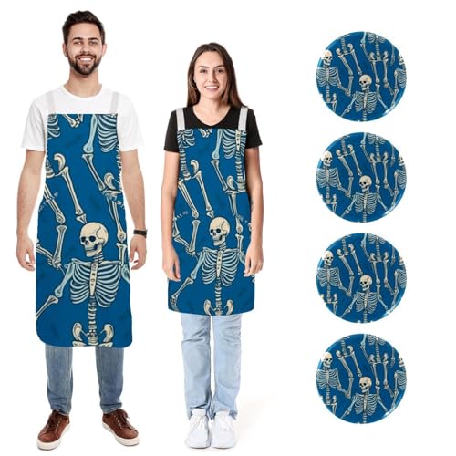 Tabliers de cuisine crâne bleu avec 2 grandes poches pour éviter les taches