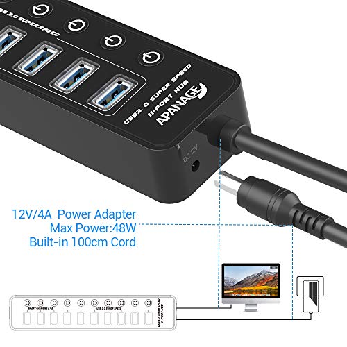 Apanage Powered Usb 3.0 Hub, 11 Ports Usb Hub Splitter (7 High Speed Data Transfer Ports + 4 Smart Charging Ports) With Individual On/Off Switches And 48W Power Adapter For Mac Pro/Mini, Pc, Hdd, Disk #TOP5