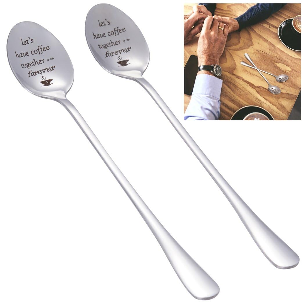 Set 2 Cucchiaini Da Caffè Per Coppie 'Let's Have Coffee Together Forever' - Regalo Anniversario In Acciaio Inox