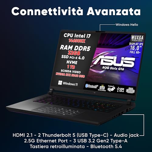 ROG STRIX G16 (2025) PC GAMING, NOTEBOOK GAMING I7-14650HX, NVIDIA GEFORCE RTX 5060 (8GB GDDR7), RAM 32GB DDR5, SSD 1TB, DISPLAY 16" FHD CON THUNDERBOLT 5, BT 5.4, TASTIERA RGB, WIFI 7 - Notebook - Immagine 7