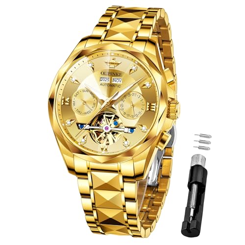Image of OUPINKE Men's Watches Automatic Self-Winding Luxury Diamond Mirror Skeleton Mechanical Watch Date Dress Business Tungsten Steel Waterproof Luminous Wrist Watches for Men