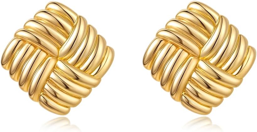 Gold Chunky Statement Earrings for Women, Trendy 14K Gold Plated Drop Dangle Square Geometric Vintage Designer Stud Earrings, Jewelry Gift