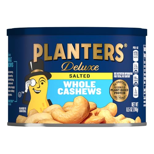 Image of Planters Deluxe Salted Cashews, 5g Protein (9% DV) per serving, 8.5 oz Resealable Can