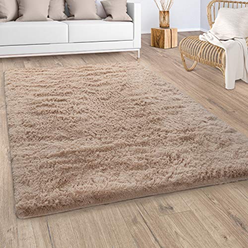 Paco Home Hochflor Teppich Wohnzimmer rutschfest Fellteppich Shaggy Flauschig Weich Modern Kunstfell Fell Imitat Einfarbig, Grösse:60x100 cm, Farbe:Beige