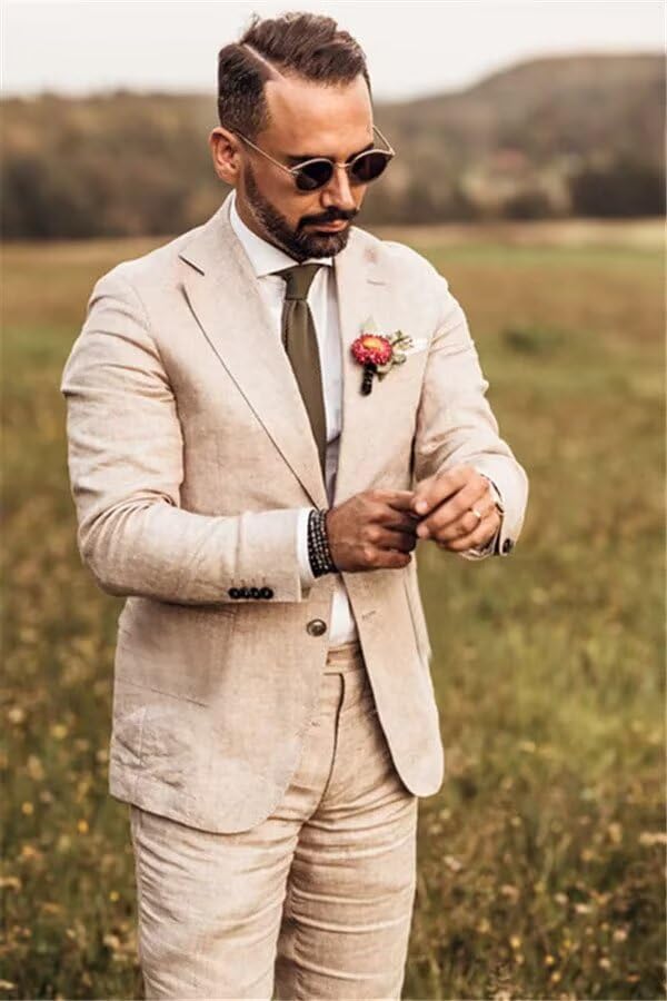 Men's 2 Piece Linen Suits Set Slim Fit Casual Lightweight Blazer Jacket and Pants Summer Beach Wedding3