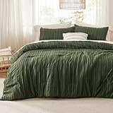 Bedsure Boho Comforter Set Queen - Olive Green Tufted Bedding Comforter Set, 3 Pieces Farmhouse Shabby Chic Embroidery Bed Set, Striped Pattern Comforter for All Seasons