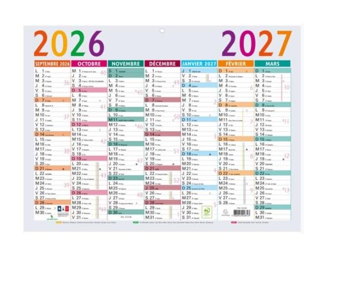 Exacompta - 34310E - Calendrier Multicolore - 29,5 cm x 22 cm - Calendrier 13 mois de septembre 2026 à septembre 2027 - Semaines numérotées - Perforation...
