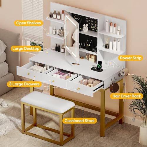 DWVO Vanity Desk with Mirror & Power Outlet, Hidden Storage Shelves, 3 Drawers, Adjustable 3 Lights Modes, Dressing Table Set with Chair, Makeup Table with Stool, White Upgraded Vanity for Bedroom