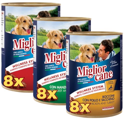 Miglior Cane Umido. 24 scatolette da 405gr cibo umido per cani Miglior Cane (Gusto, Manzo,Pollo/Tacchino, Manzo e Ortaggi)