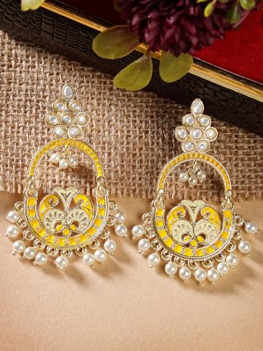 Image of Karatcart Gold Plated Yellow Meena Dangler Earrings for Women