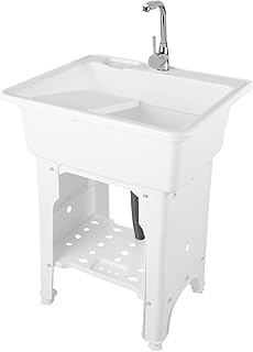 Freestanding Plastic Laundry Sink with Water Faucet, Indoor Outdoor Utility Sink with Washboard, Utility Sink Laundry Tub for Laundry Room/Garage/Garden (25.59x21.65x31.5 Inch)