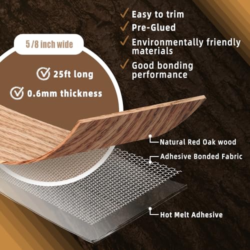 Image of GSCIT Club Red Oak Edge Banding, 5 /8 inch x 25ft roll of Veneer Edge Banding - Pre-glued Flexible, Real Wood Tape for Cabinet Repair & Furniture Restoration