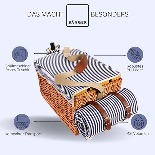 SÄNGER | Picknickkorb Borkum, 25-teiliges Set für 4 Personen, Großer Picknickkorb mit integriertem Tisch, Kühltasche, Picknickdecke & Geschirr, Komplett-Set