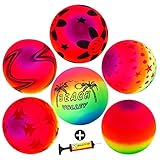 9’’ Playground Rainbow Ball With 1pcs Pump (6 pack),FunsLane Inflatable Dodge Ball Sport Balls Rubber Play Ball Handball for Kids Outdoor & Backyard Games, School & Gym Class