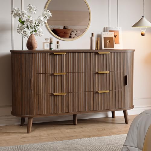Decofy Fluted 6 Drawers Dresser 55 Wide Mid Century Modern Chest of Drawers with Sliding Door & Metal Handles Curved Profile & Sturdy Legs Wood TV Stand for Bedroom Living Room (Walnut)