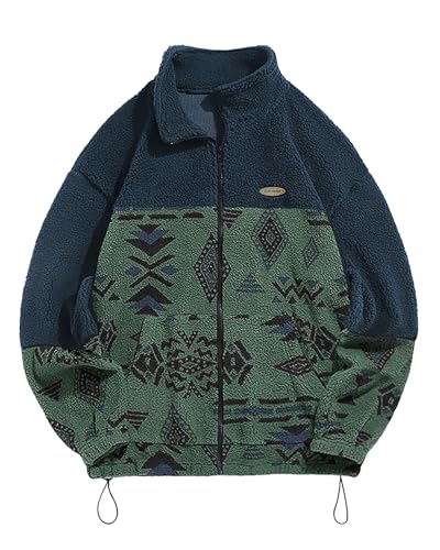 Image of ZAFUL Men Ethnic Aztec Printed Fluffy Fuzzy Jacket Plush Fleece Casual Stand Collar Zip Outwear Cardigan Coat with Pockets
