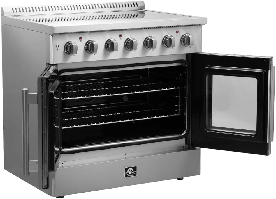 Forno Galiano Full Electric 36" Inch. French Door Freestanding Range with 5 Radiant Elements Ceramic Glass Cooktop - 5.36 Cu.Ft. Stainless Steel Convection Oven with Air Fryer Kit