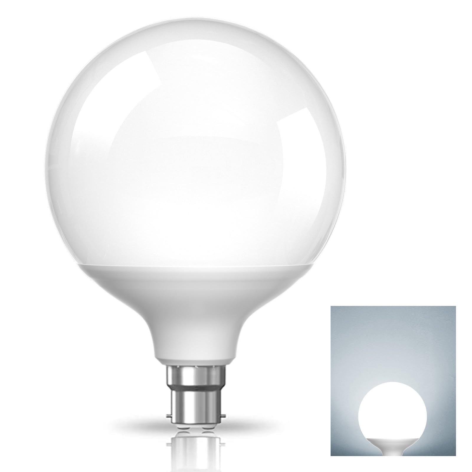TobeBright Large Globe Light Bulbs Bayonet, Cool White 6000K, G120 B22, 20W(200W Equivalent), White Lampshade, Round LED Bulb