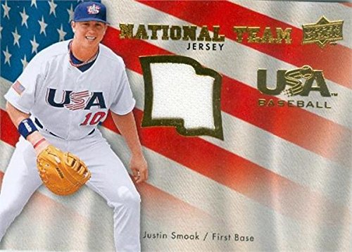 Autograph Warehouse 343409 Justin Smoak Player Worn Jersey Patch Baseball Card - Team USA 2008 Upper Deck No. USA-JS