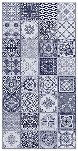 Panorama Tapis Vinyle - Modèle Carreaux Ciments Nijar Bleu 40x80 cm - Différentes Tailles - Deco Maison, Cuisine, Chambre et Exterieur