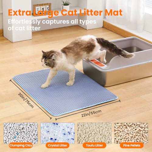 Image of Cat Litter Mat, 30x22 Inches Extra Large Honeycomb Double Layer Cat Litter Trapping Mat, Non Slip Waterproof Urine Proof Cat Litter Box Mat, Kitten Supplies and Essentials, Blue