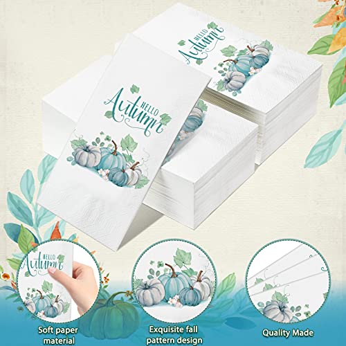 100 Pack Fall Guest Napkins, Thanksgiving Blue Pumpkins Paper Napkins Autumn Disposable Hand Towels 3-Ply Dinner Napkins For Kitchen, Fall Harvest Parties Dinners Or Events #TOP5